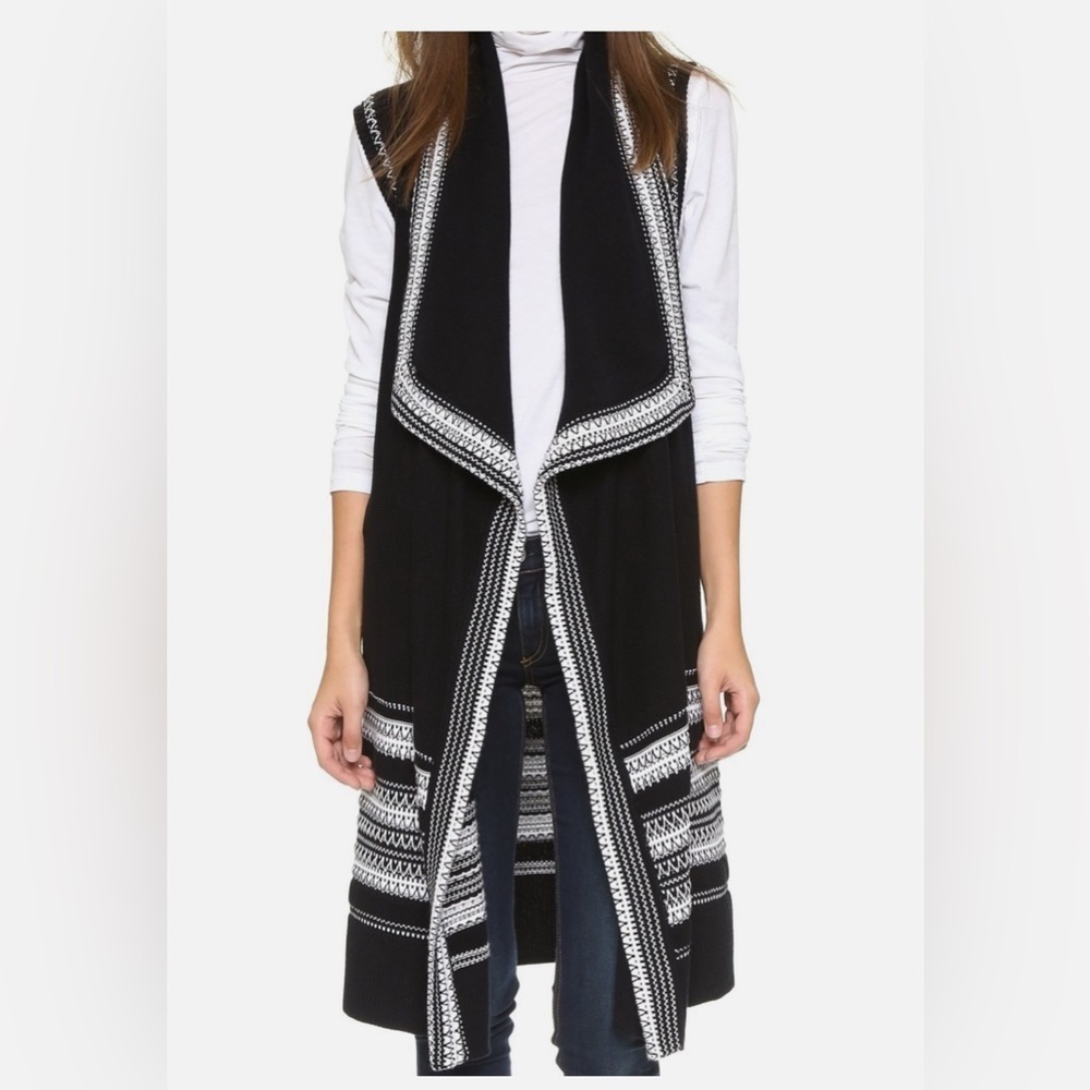 VINCE Black & White Knit Long Open Vest Sweater Cardigan Size XS
